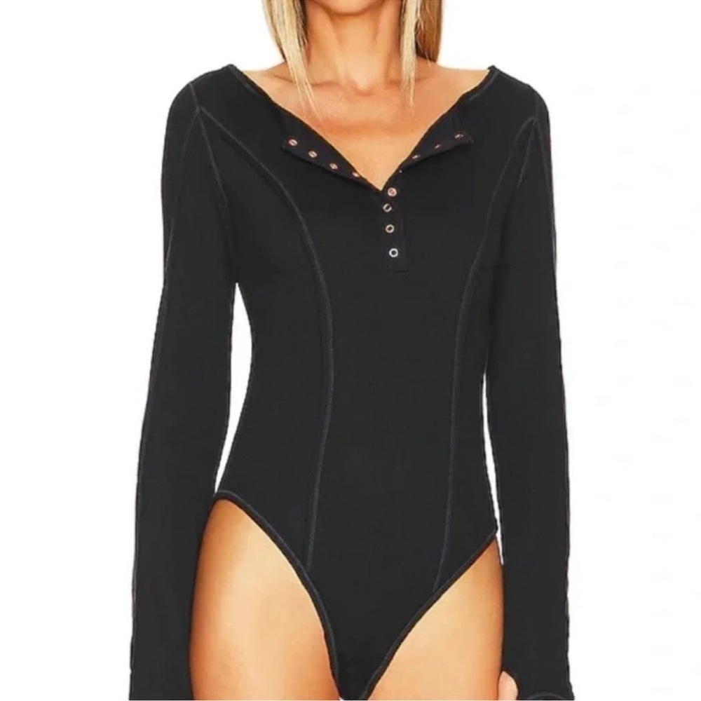 Free People Intimately Black Long Sleeve Button Thermal Sloane Bodysuit - Picture 3 of 12